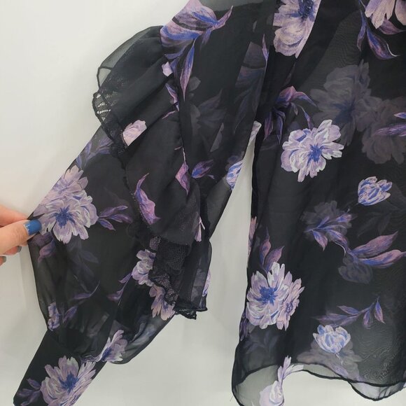 TOBI Womens Sheer Floral Ruffle Blouse Sz L Black Purple Long Sleeve Bohemian - Picture 5 of 12